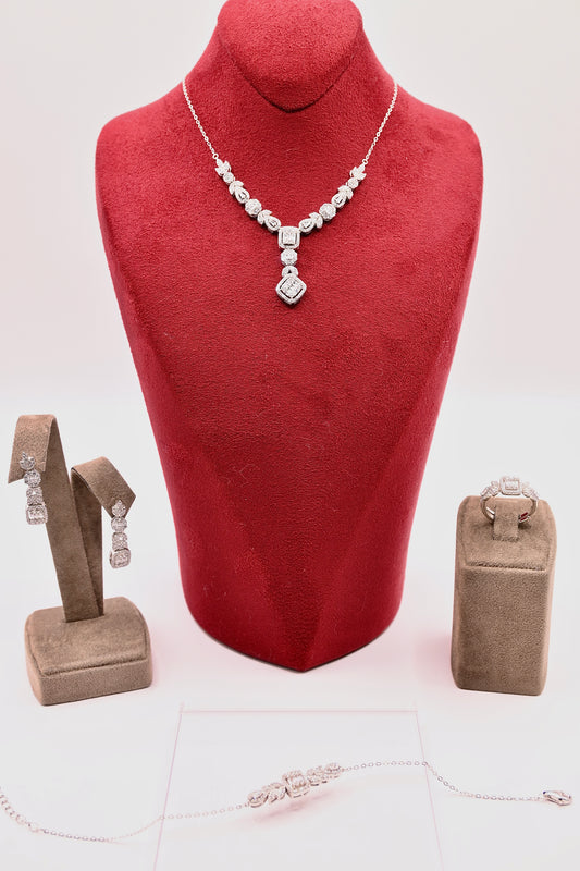 925 Ayar Gümüş Su Yolu Baget Model İthal Zirkon Taşlı Kolye, Bileklik, Küpe, Yüzük Düğün Takı Seti