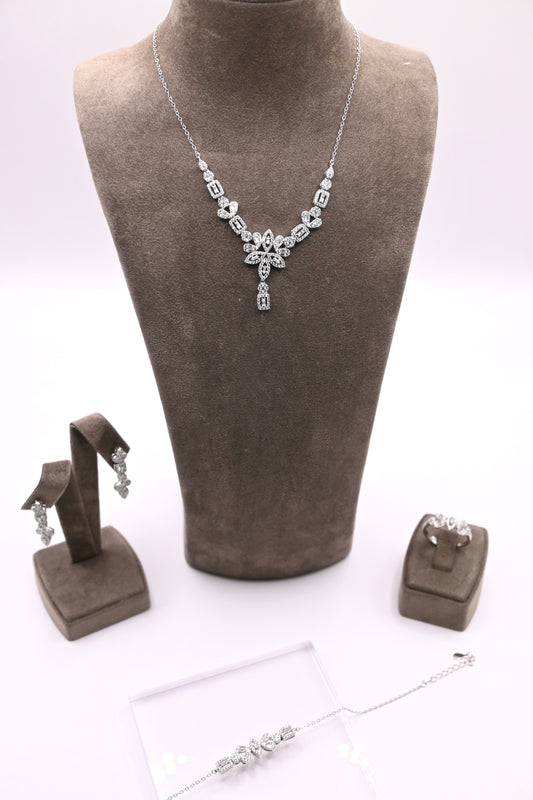 925 Ayar Gümüş Su Yolu Baget Model İthal Zirkon Taşlı Kolye, Bileklik, Küpe, Yüzük Düğün Takı Seti