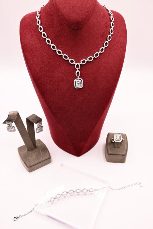 925 Ayar Gümüş Su Yolu Baget Model İthal Zirkon Taşlı Kolye, Bileklik, Küpe, Yüzük Düğün Takı Seti