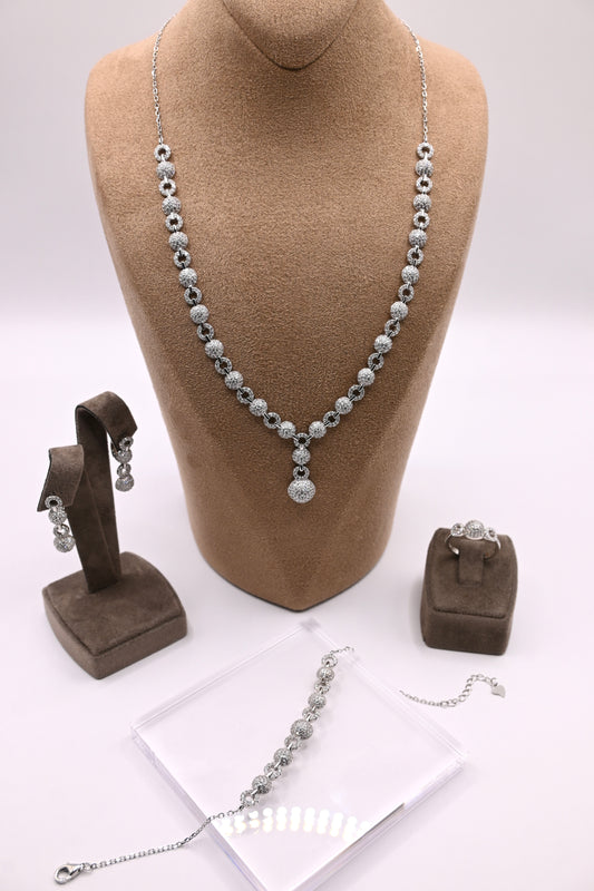 925 Ayar Gümüş Yuvarlak Model İthal Zirkon Taşlı Kolye, Bileklik, Küpe, Yüzük Düğün Takı Seti