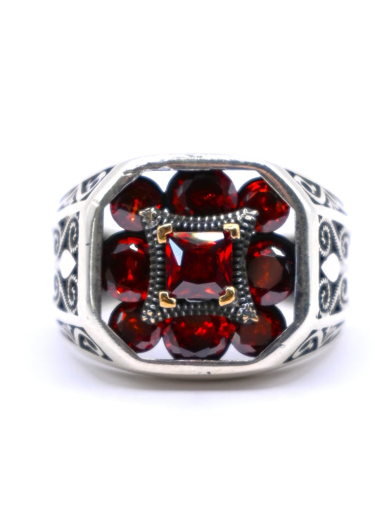 925 Ayar Gümüş Kırmızı Zirkon Taş Erkek Yüzük