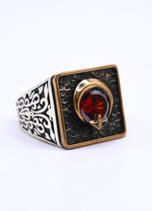 925 Ayar Gümüş Türk Bayrağı Motifli Kırmızı Zirkon Taşlı Yüzük