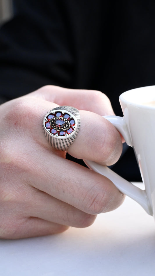 925 Ayar Gümüş Kırmızı Zirkon Erkek Yüzük