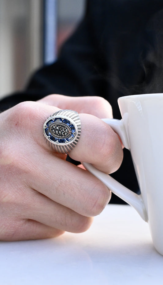 925 Ayar Gümüş Mavi Zirkon Erkek Yüzük