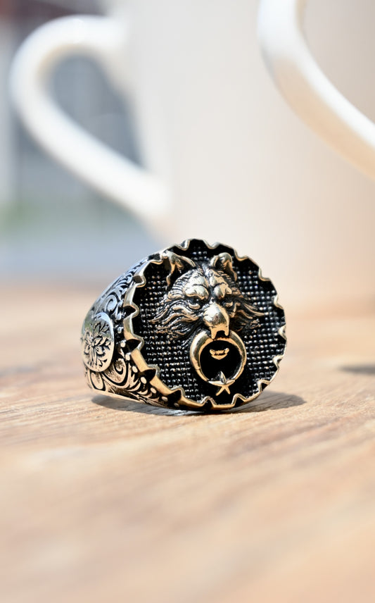 925 Ayar Gümüş Kurt Motif Ay Yıldız Erkek Yüzük