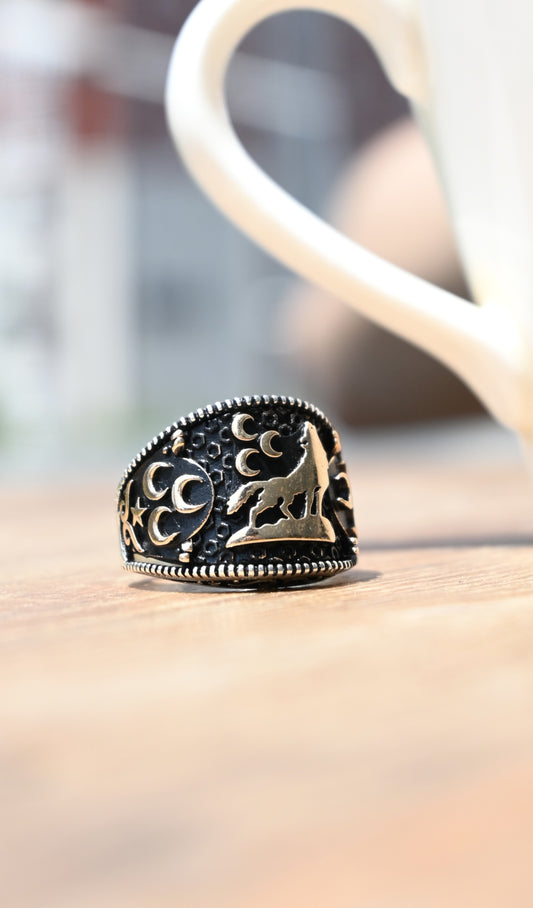 925 Ayar Gümüş 3 Hilal Kurt İşleme Erkek Yüzük