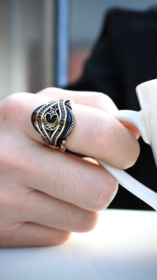 925 Ayar Gümüş Kırmızı Zirkon Ay Yıldız Erkek Yüzük