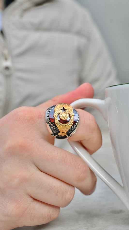 925 Ayar Gümüş Kırmızı Taşlı Türk Bayrak Motifli Yüzük