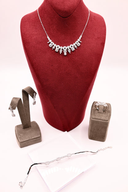 925 Ayar Gümüş Su Yolu Baget Model İthal Zirkon Taşlı Kolye, Bileklik, Küpe, Yüzük Düğün Takı Seti