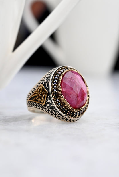 Pembe Akik Taşlı İç Taşları Zirkon 925 Ayar Gümüş Erkek Yüzük