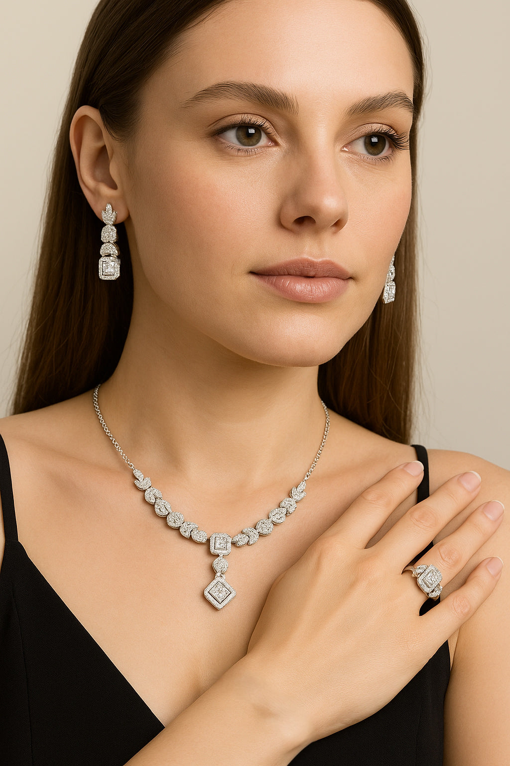 925 Ayar Gümüş Su Yolu Baget Model İthal Zirkon Taşlı Kolye, Bileklik, Küpe, Yüzük Düğün Takı Seti