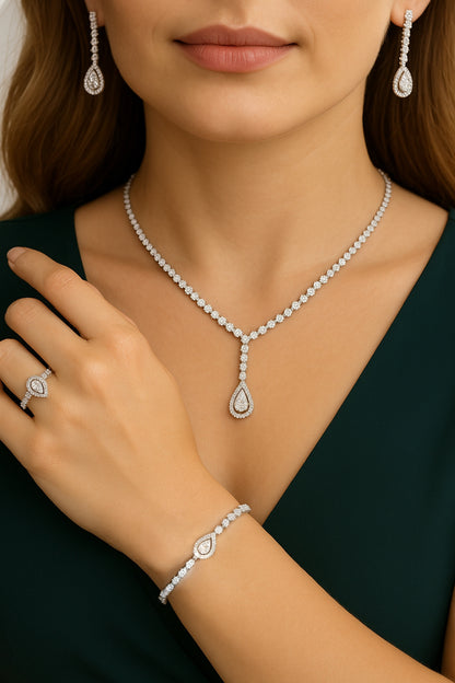 925 Ayar Gümüş Su Yolu Damla Model İthal Zirkon Taşlı Kolye, Bileklik, Küpe, Yüzük Düğün Takı Seti