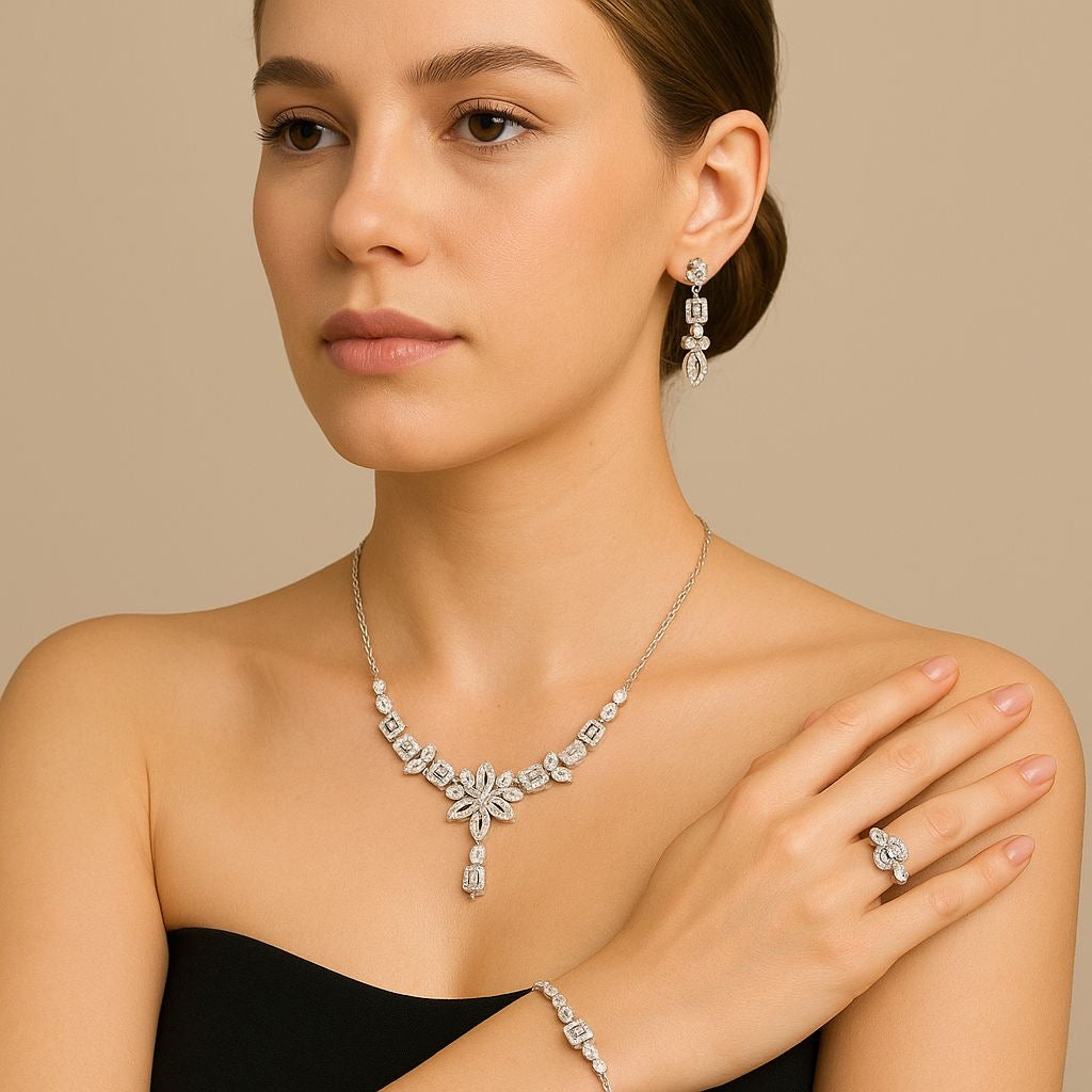 925 Ayar Gümüş Su Yolu Baget Model İthal Zirkon Taşlı Kolye, Bileklik, Küpe, Yüzük Düğün Takı Seti